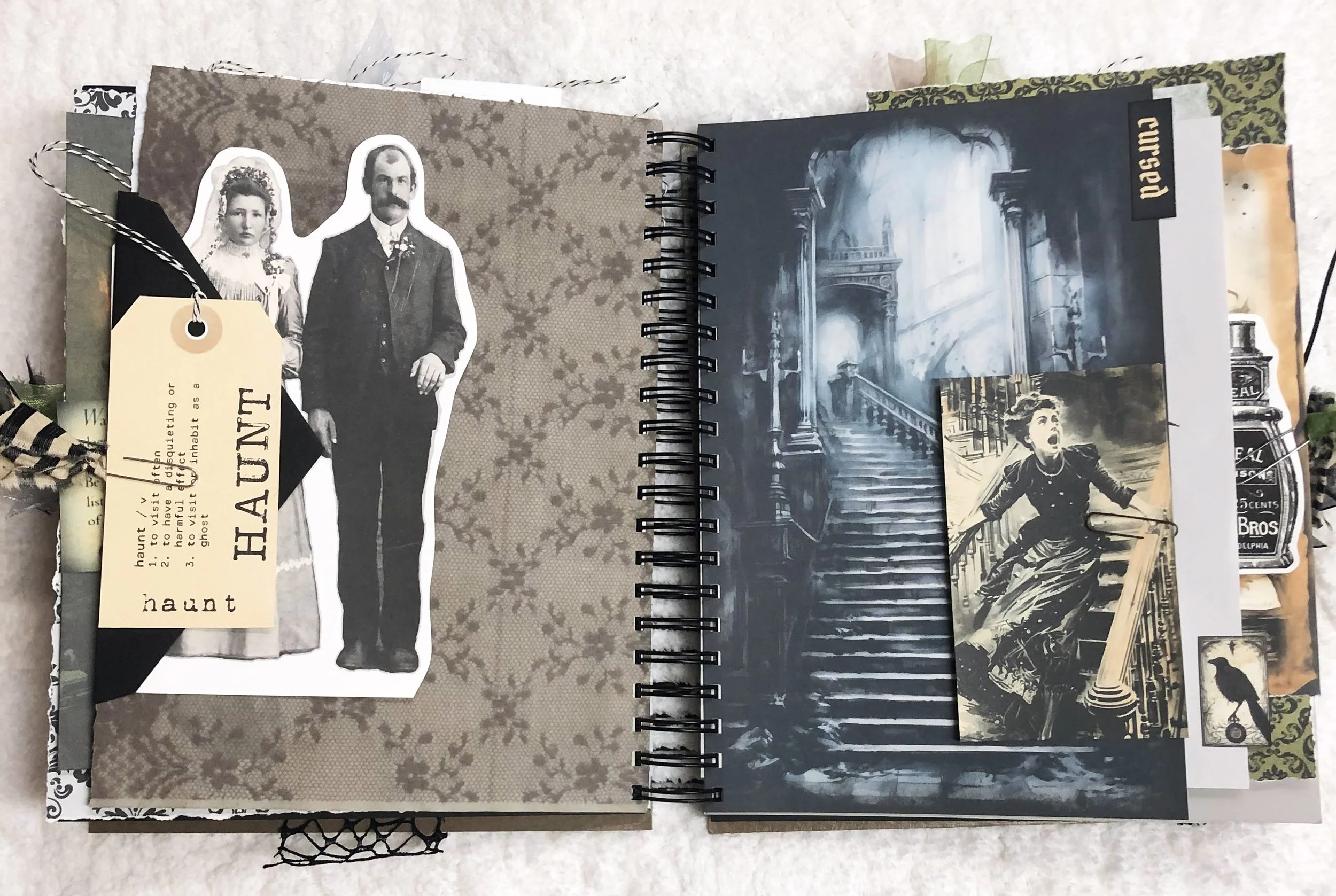 Gothic journal spread with a Victorian couple, haunted staircase, frightened woman and layered tags.