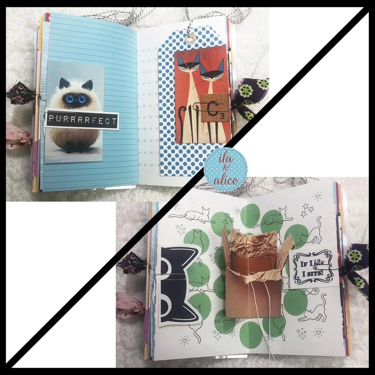 Inside pages of a cat junk journal