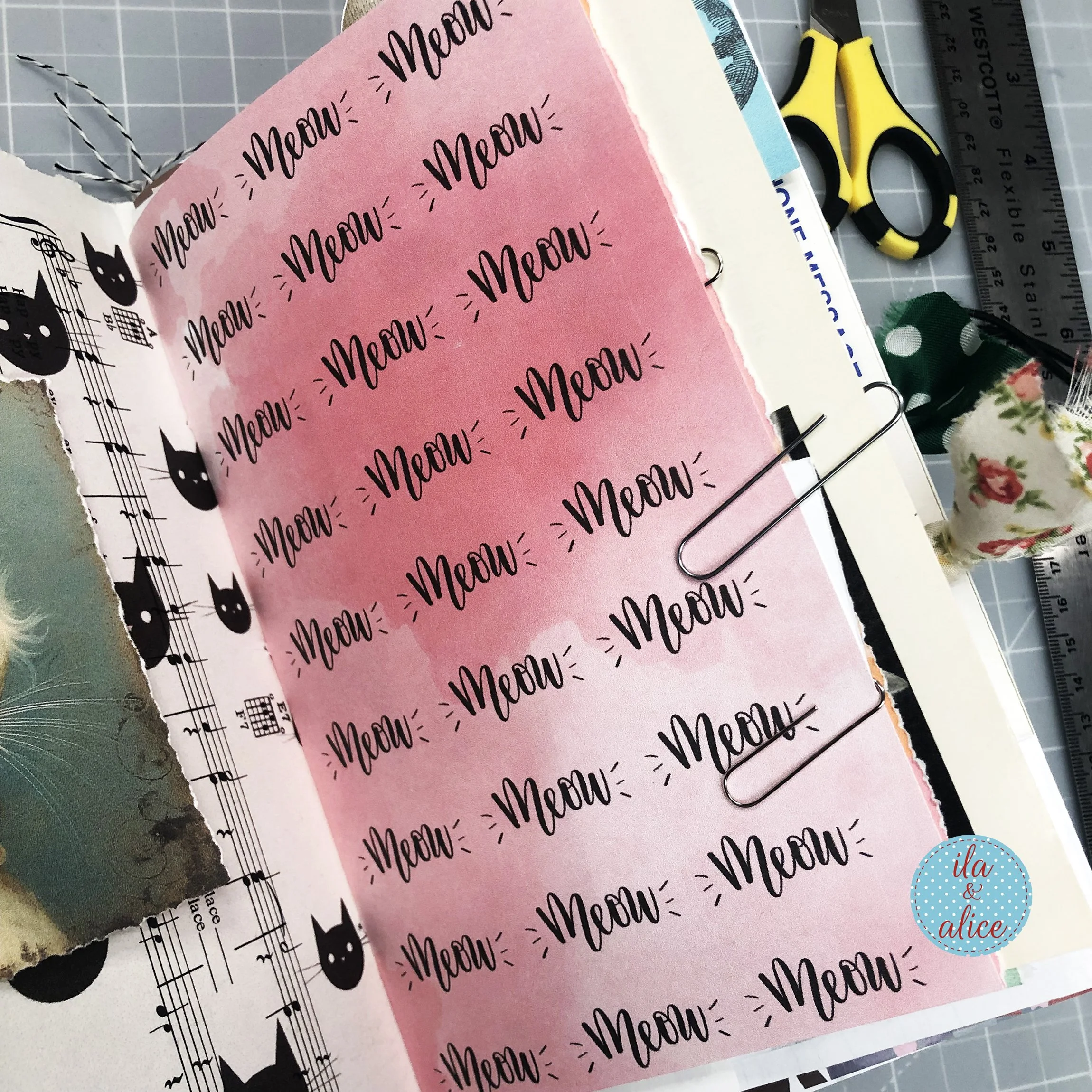 Pink Cat Digital Paper for Junk Journals, Collage