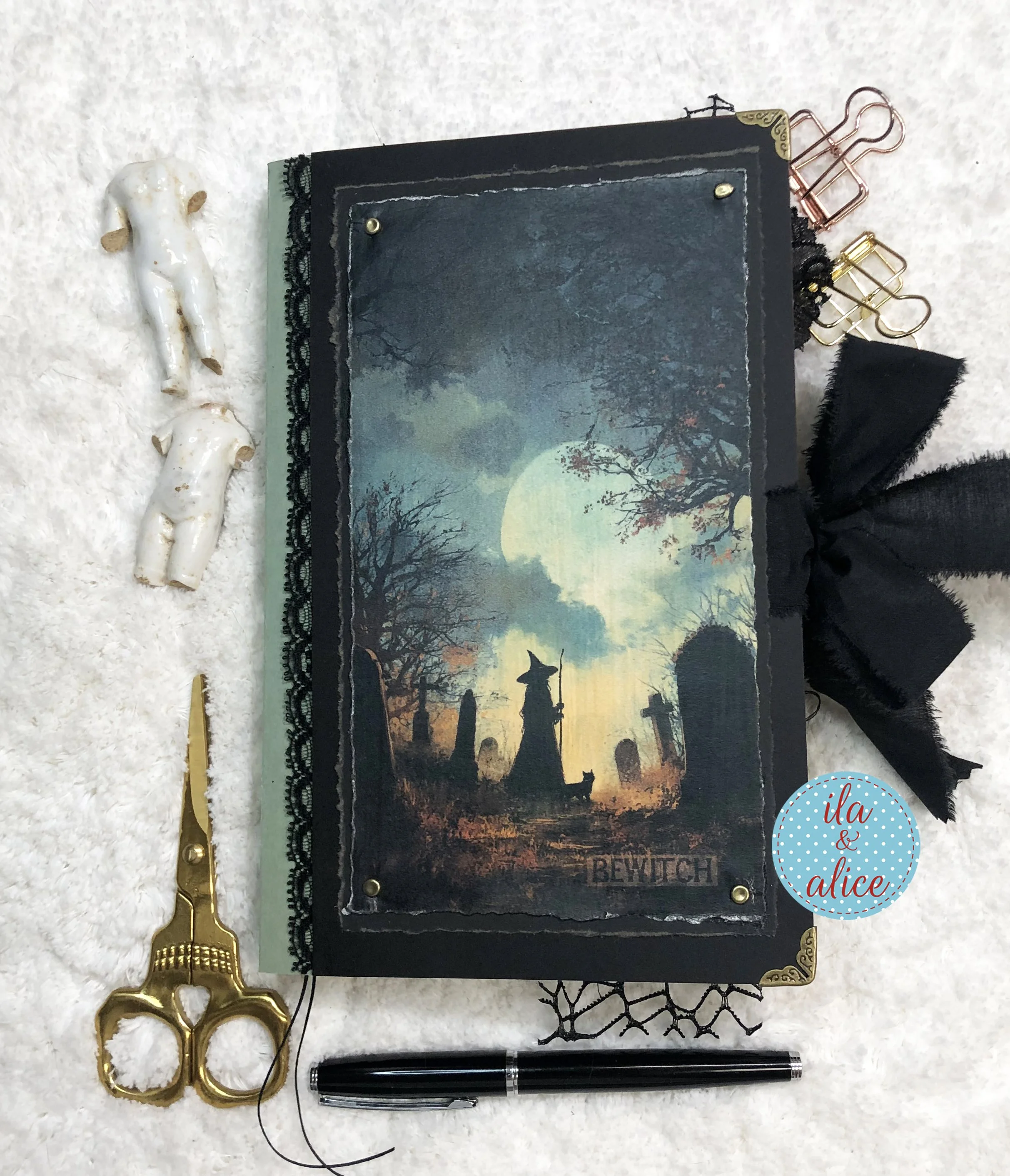 Witch and black cat in Halloween Graveyard