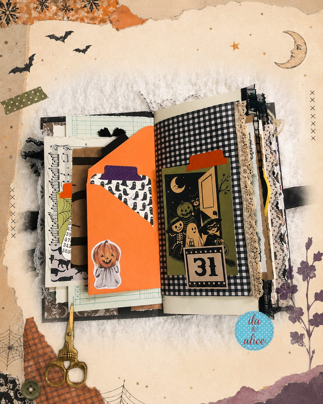 Handmade Halloween junk journal featuring vintage black cats, witches, ghosts, pumpkins, haunted houses, tags, pockets and layered vintage papers.
