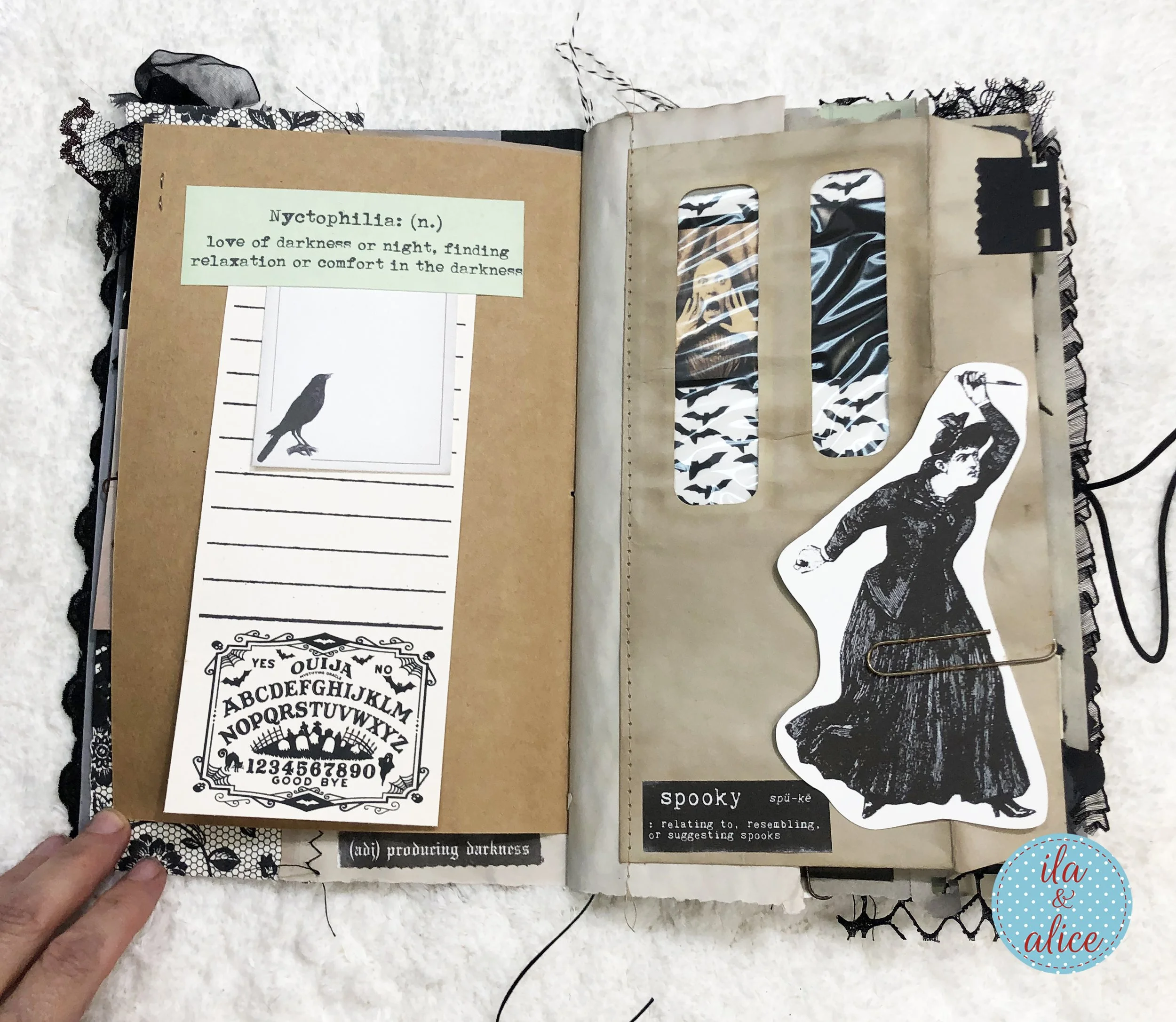 Handmade witch journal spread with a raven, Ouija imagery, aged papers and a vintage Nyctophilia card celebrating the darkness and night.