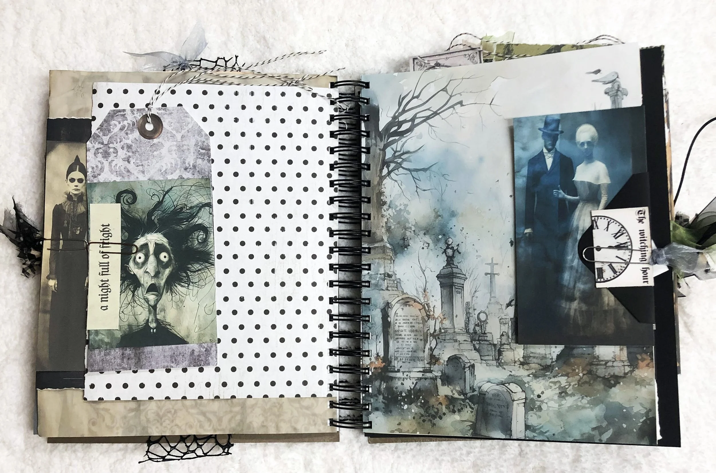 Spooky journal spread with a ghostly woman tag, black polka dots, cemetery scene and spectral couple.