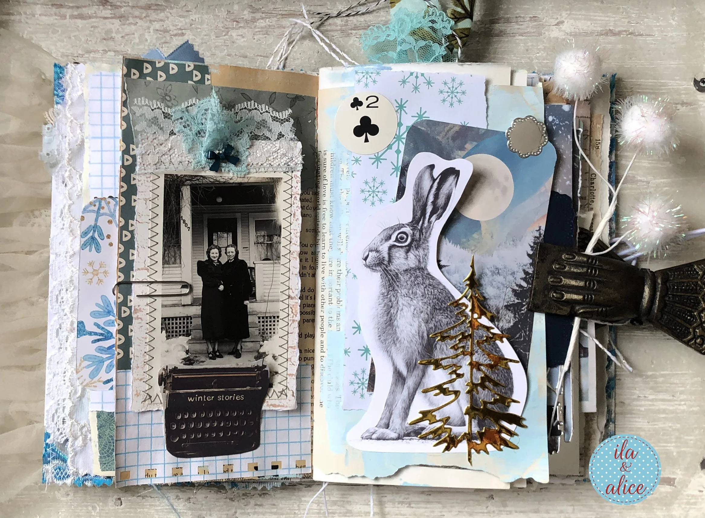 Handmade winter junk journal page with mixed media vintage collage elements