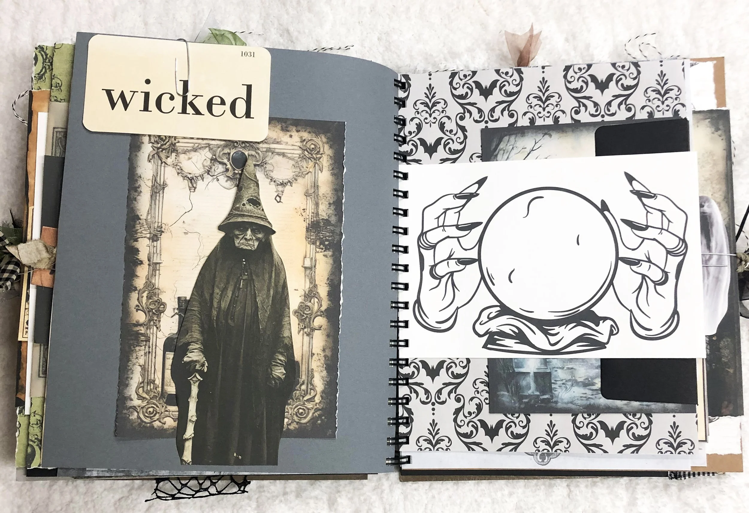 Wicked witch and crystal ball spread with bat damask paper, pockets and layered ephemera.