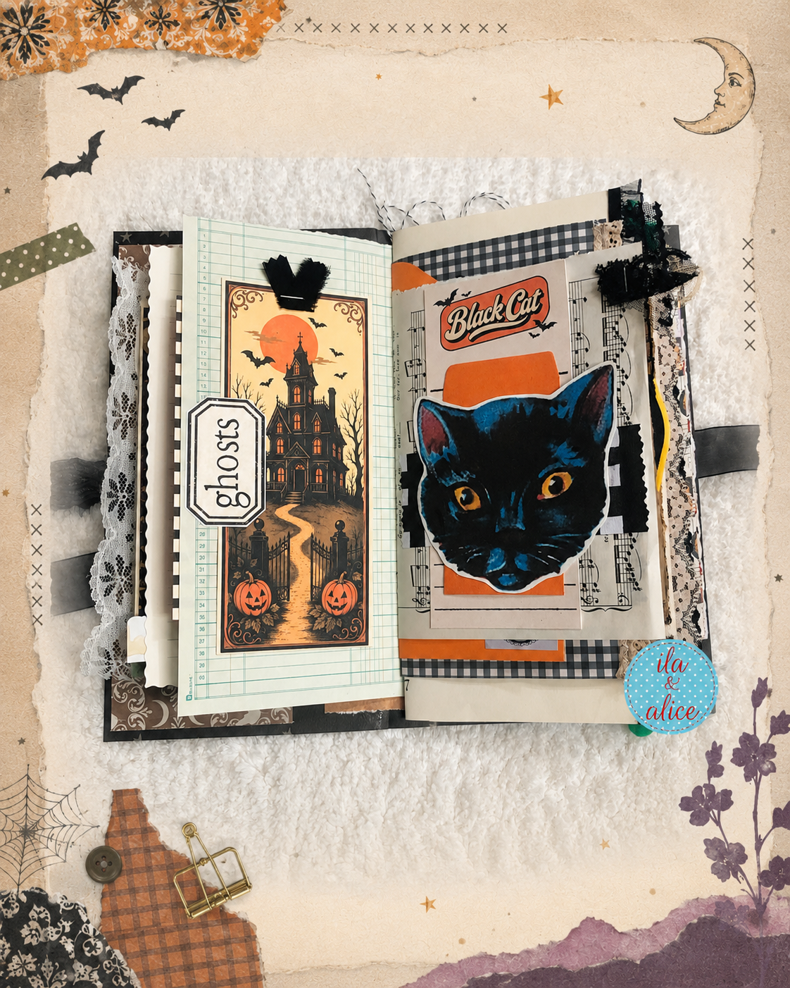 Handmade Halloween junk journal featuring vintage black cats, witches, ghosts, pumpkins, haunted houses, tags, pockets and layered vintage papers.