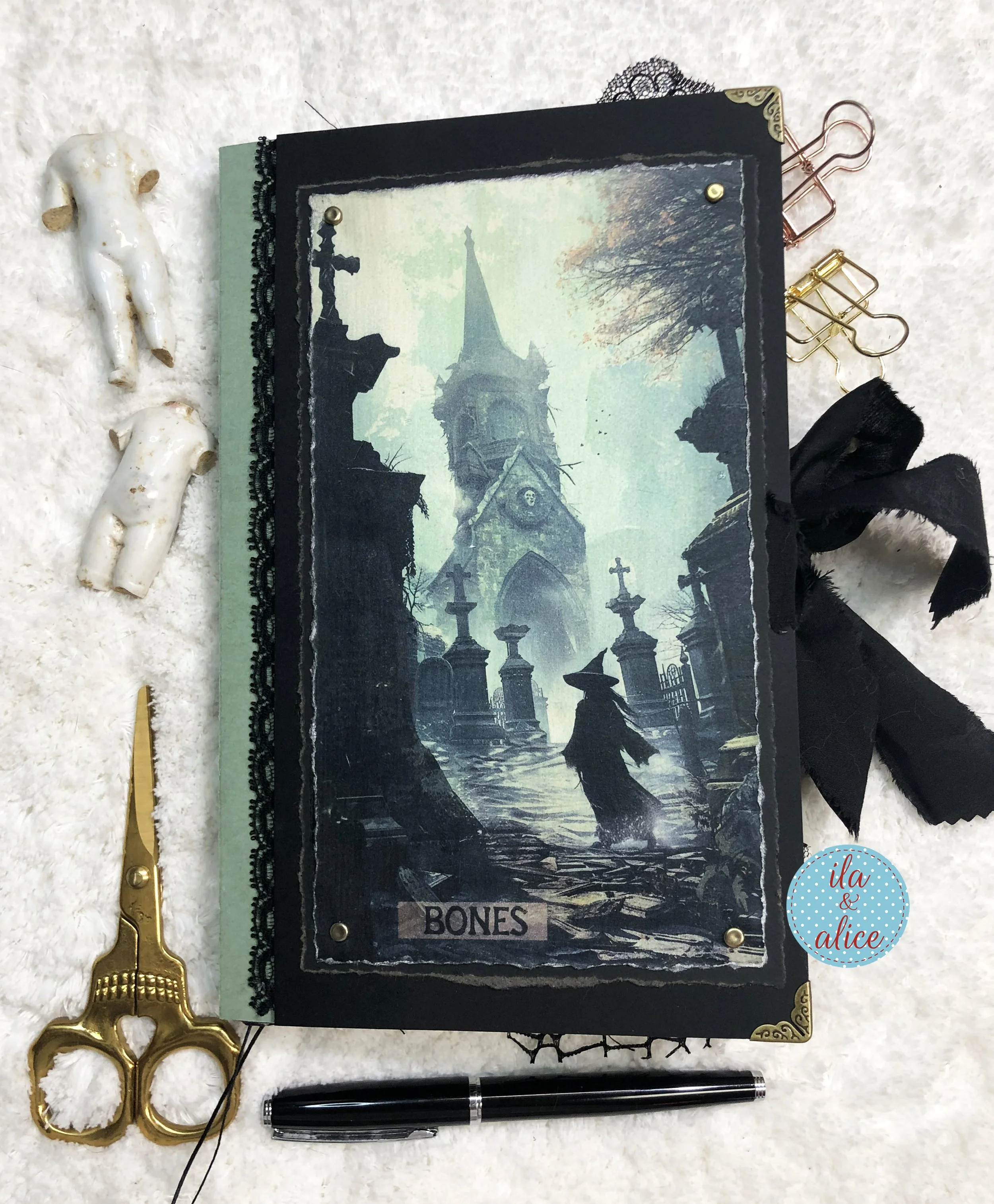 Witch in Halloween cemetery Halloween Junk Journal