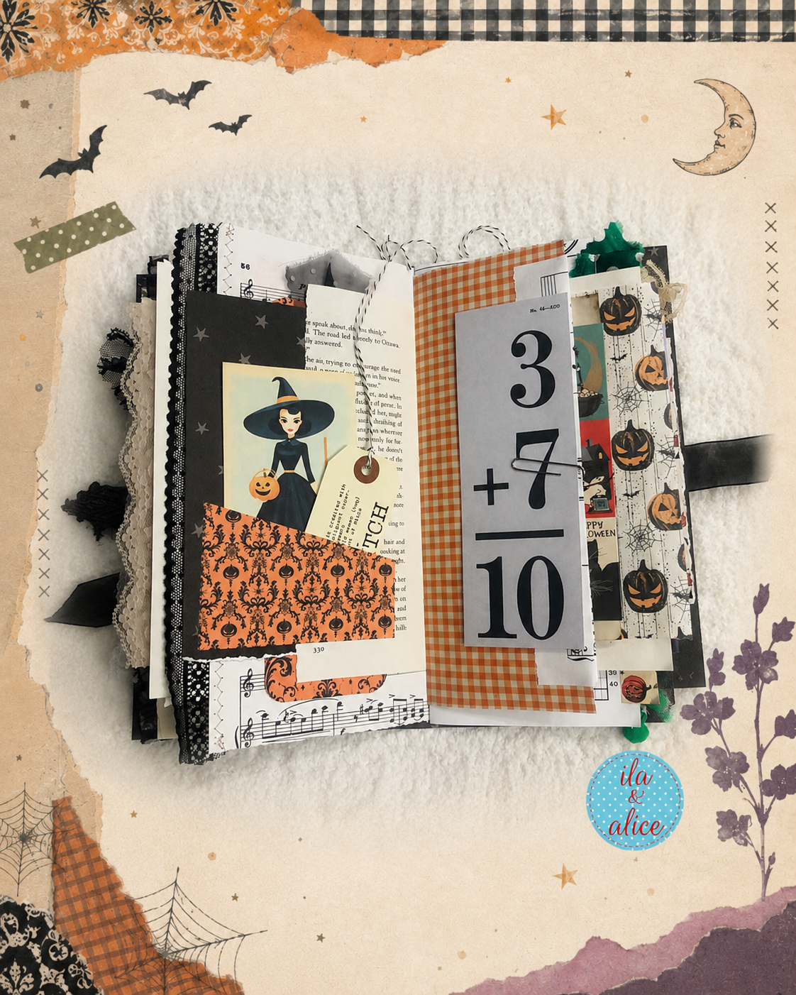 Handmade Halloween junk journal featuring vintage black cats, witches, ghosts, pumpkins, haunted houses, tags, pockets and layered vintage papers.