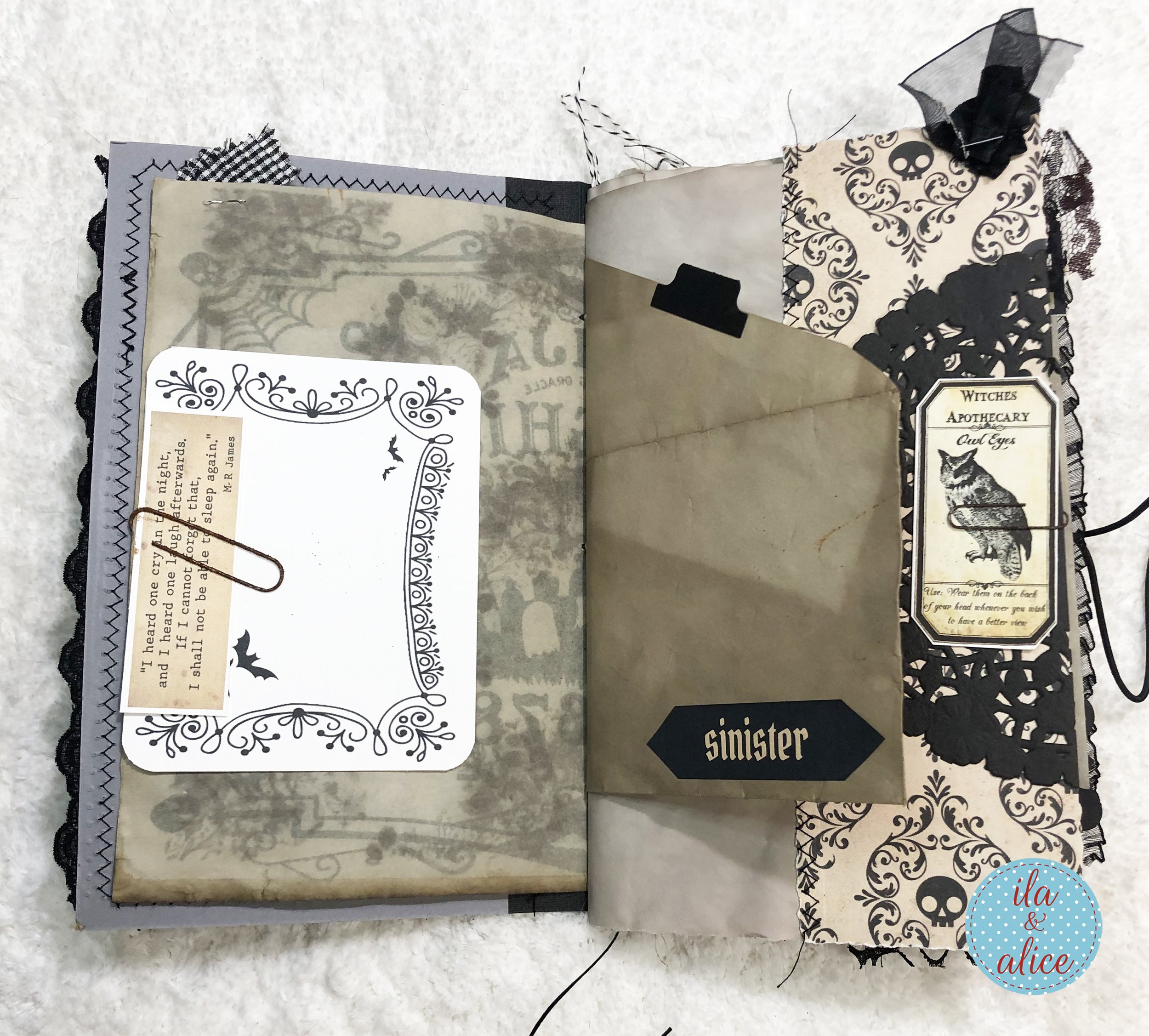 Handmade haunted Halloween junk journal with aged paper envelope, Witches Apothecary tag, black lace and spooky ephemera.