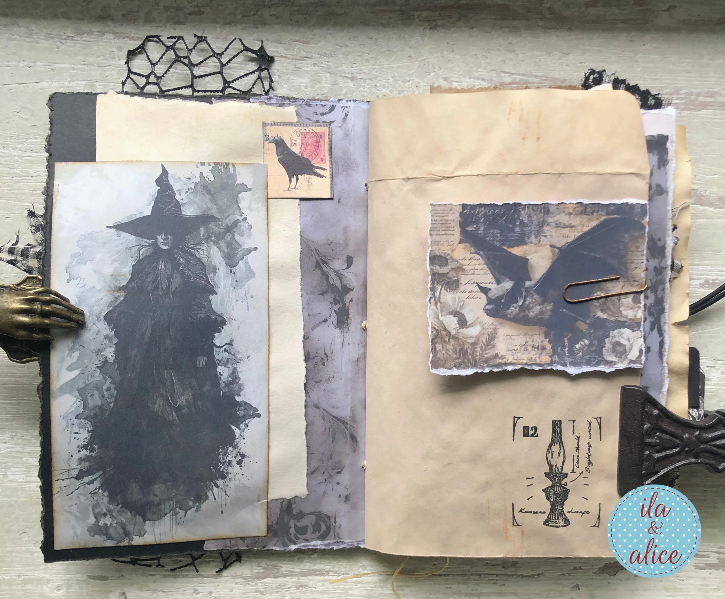 handmade spooky junk journal folio with wax seal, vintage ephemera, and dark folklore aesthetic