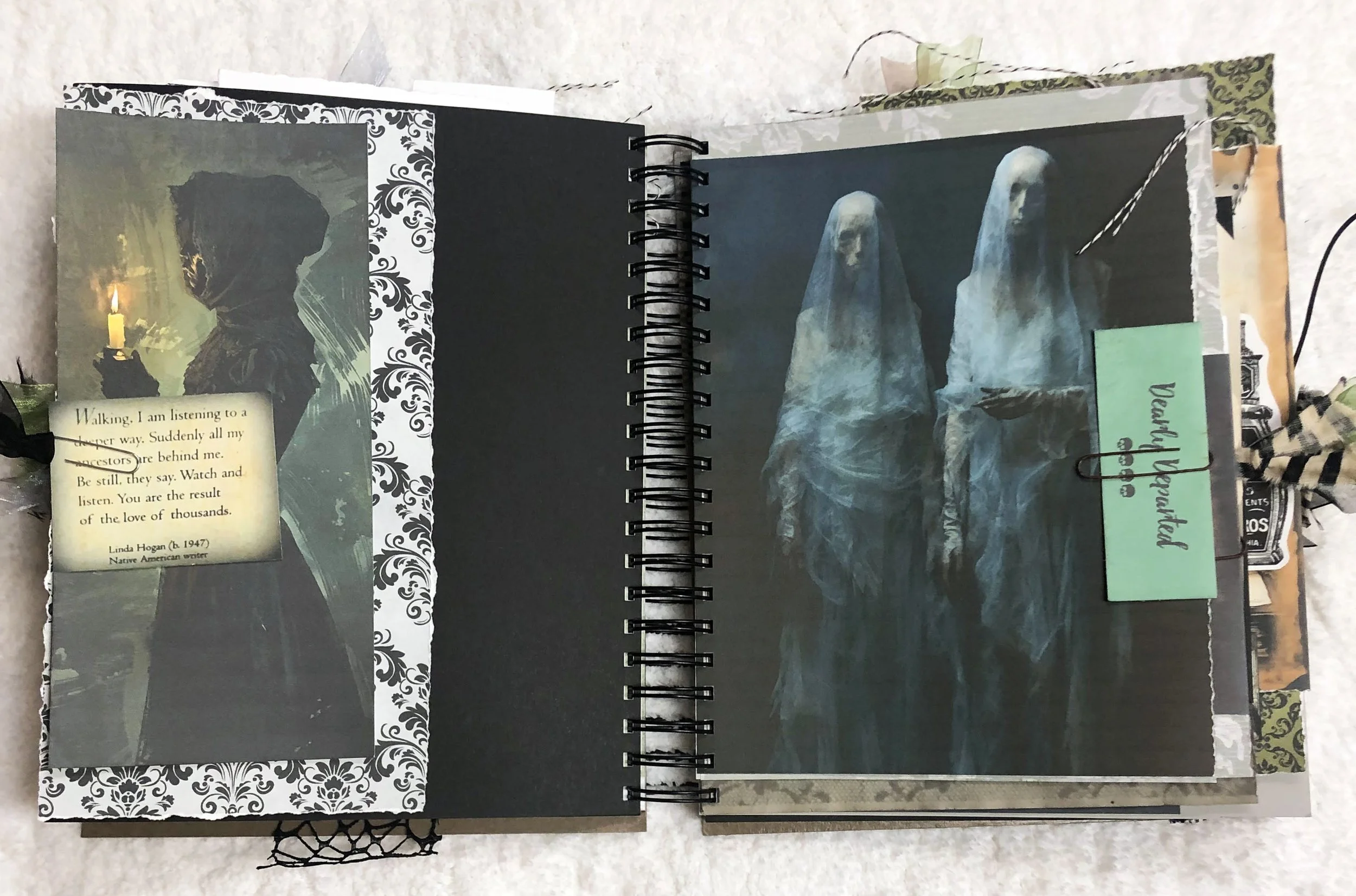 Dark journal spread with a hooded candle bearer, an ancestral quote and two pale blue veiled spirits.
