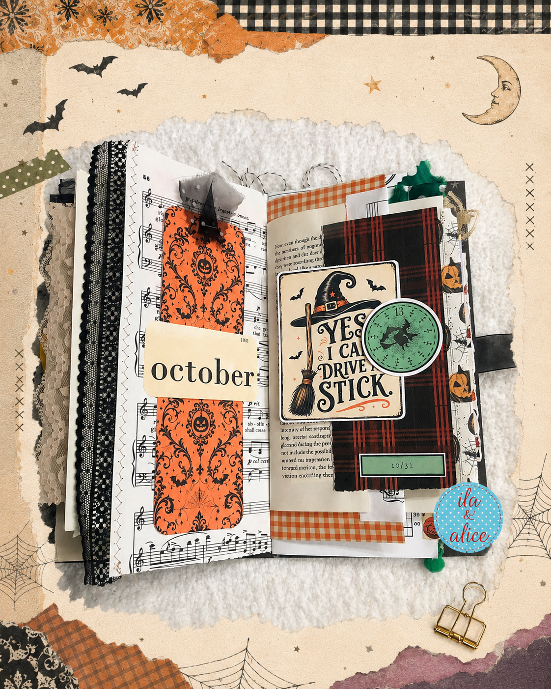 Handmade Halloween junk journal featuring vintage black cats, witches, ghosts, pumpkins, haunted houses, tags, pockets and layered vintage papers.