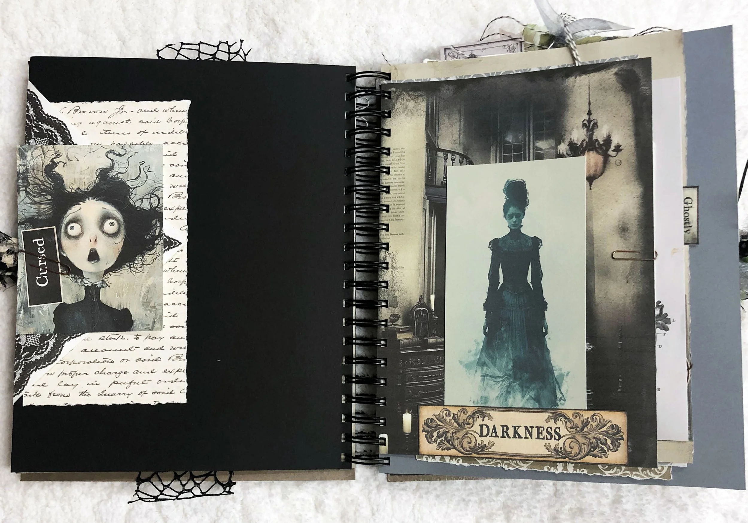 Gothic journal spread with a wide-eyed cursed woman and a ghostly Victorian figure inside a dark old house.