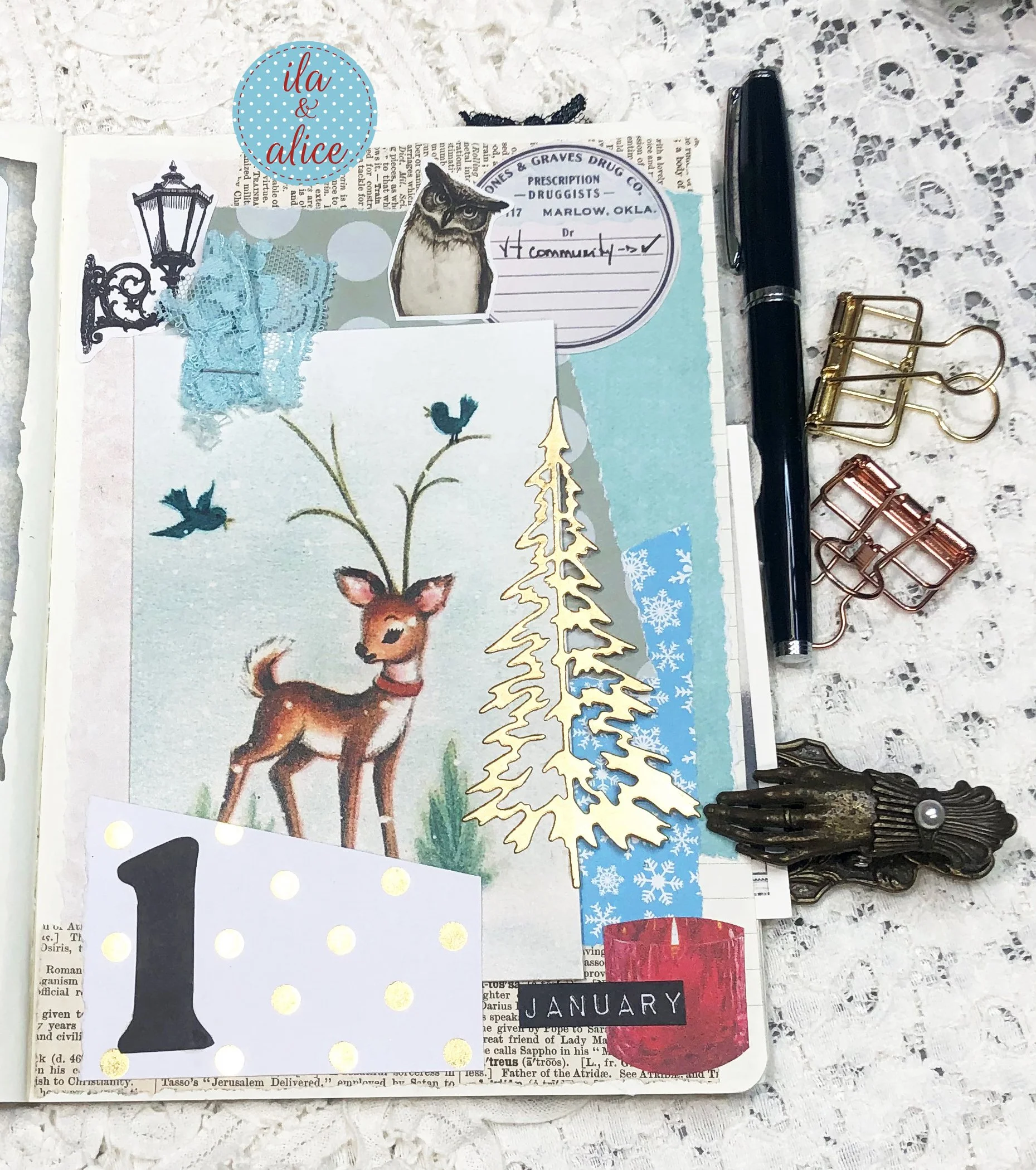 winter planner page with a wee dawn, gold tree die cut