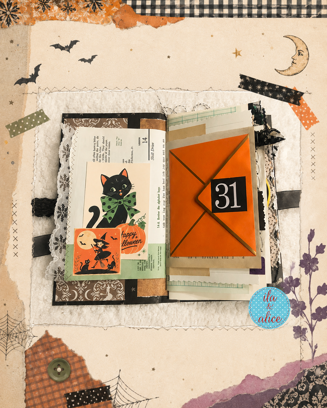Handmade Halloween junk journal featuring vintage black cats, witches, ghosts, pumpkins, haunted houses, tags, pockets and layered vintage papers.
