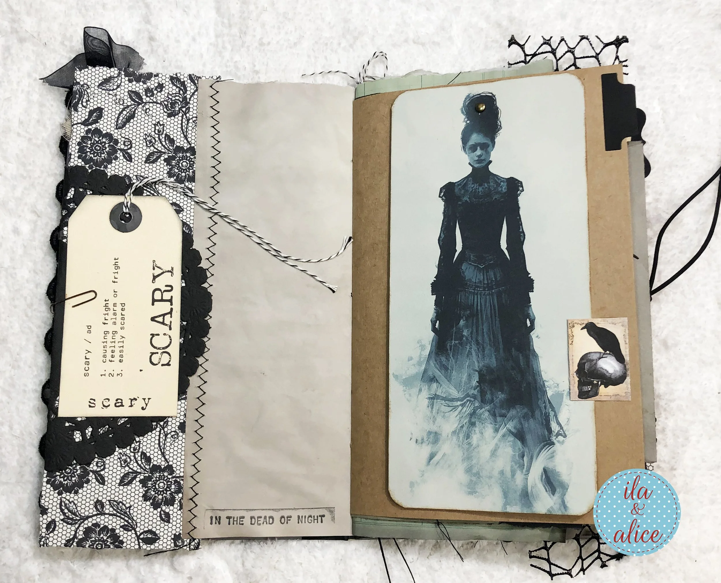Haunted Halloween journal page featuring a ghostly Victorian woman, aged blue paper, vintage ephemera and a SCARY tag.