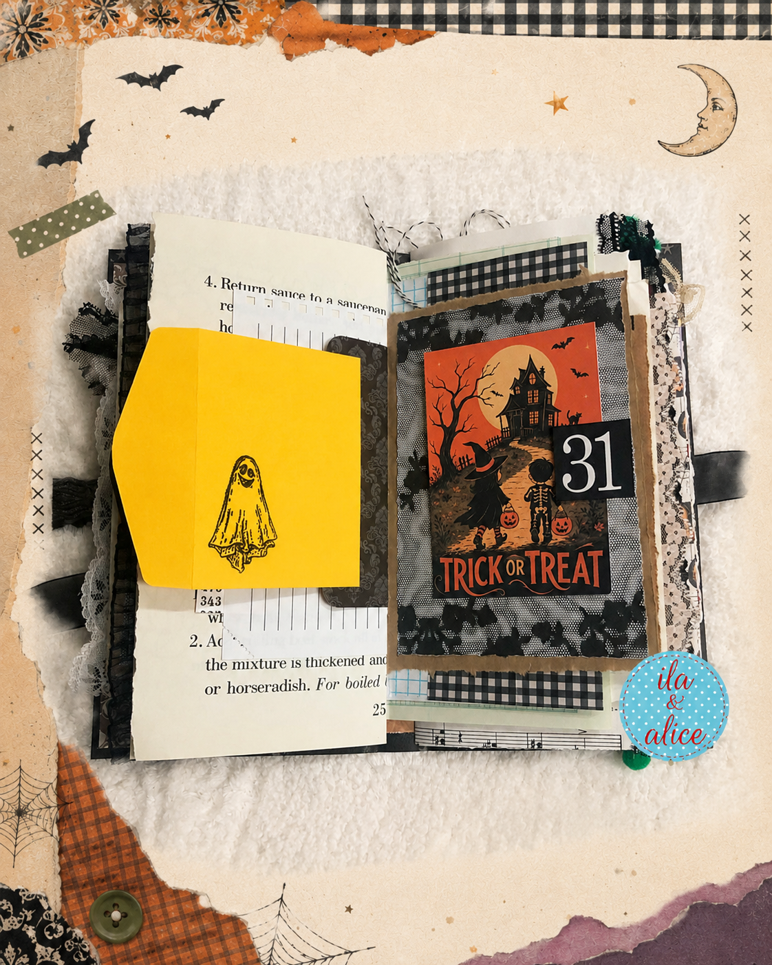 Handmade Halloween junk journal featuring vintage black cats, witches, ghosts, pumpkins, haunted houses, tags, pockets and layered vintage papers.
