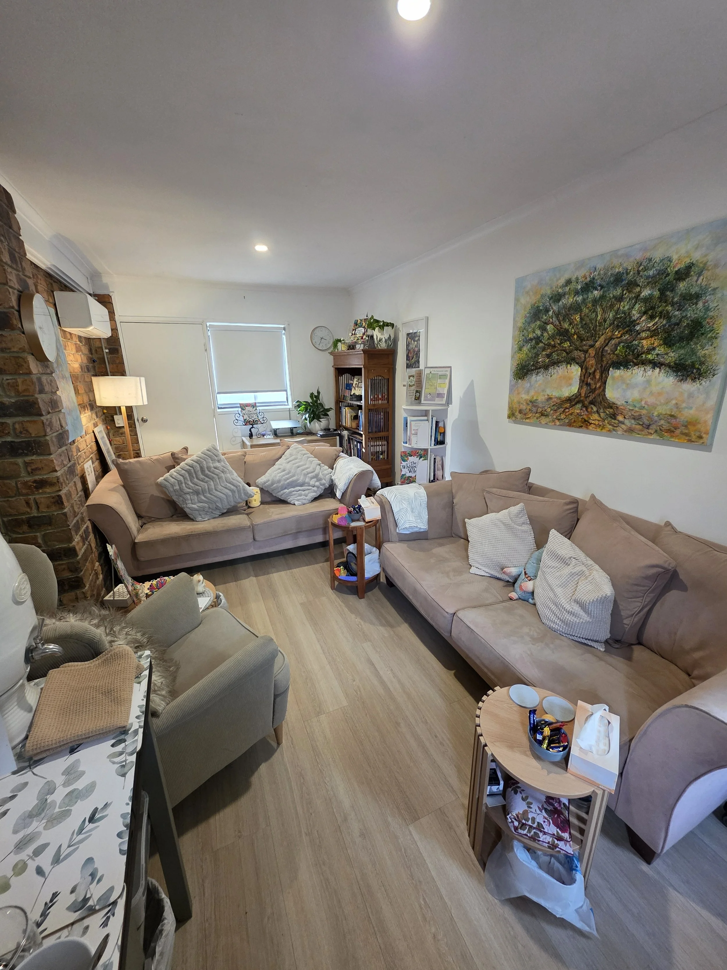 Image of the counselling from a wider lense looking at the two couches and the counsellors chair. You can also see a desk used for online counselling sessions and some bookcases.