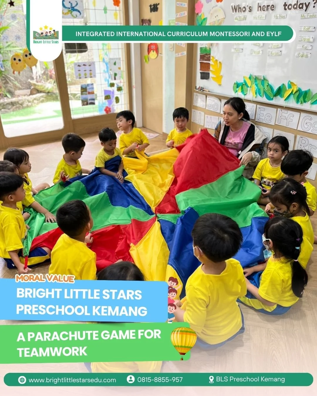 learning teamwork through a parachute game at BLS preschool kemang