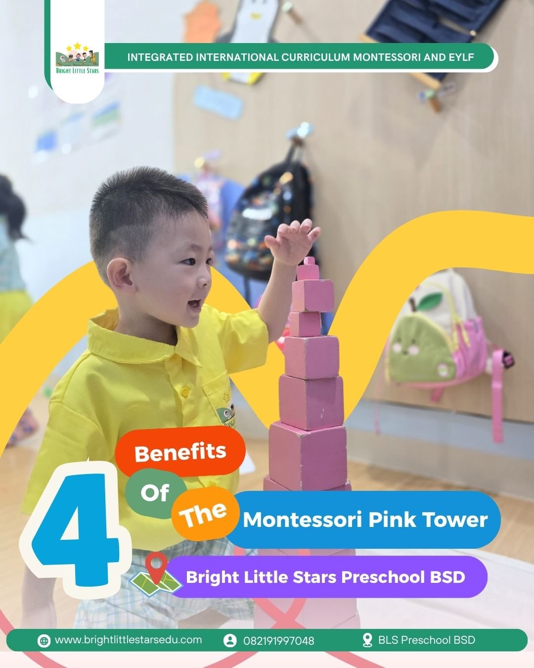4 benefits of the montessori pink tower at bright little stars preschool BSD