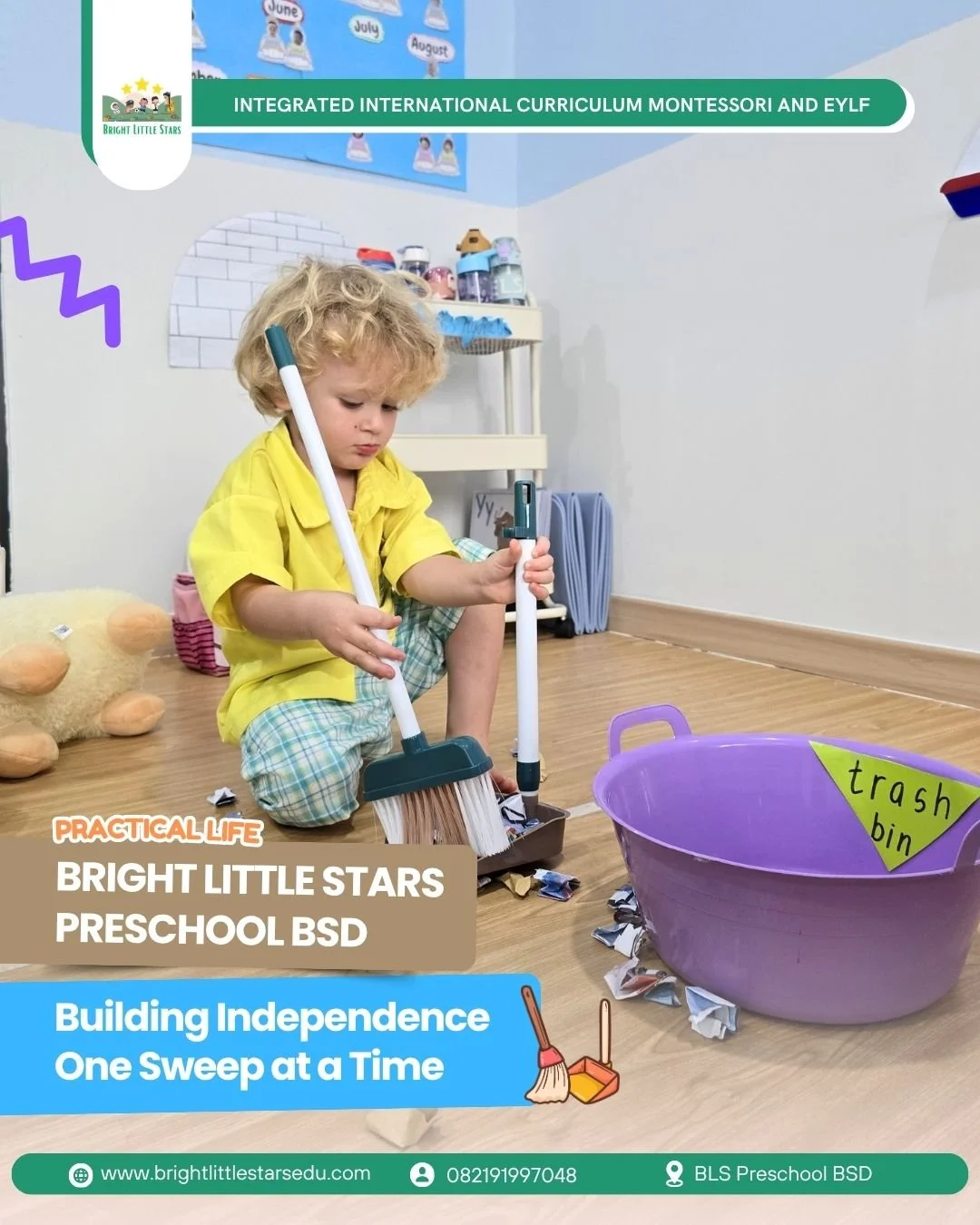 learning practical skills through sweeping and cleaning at bright little stars preschool BSD