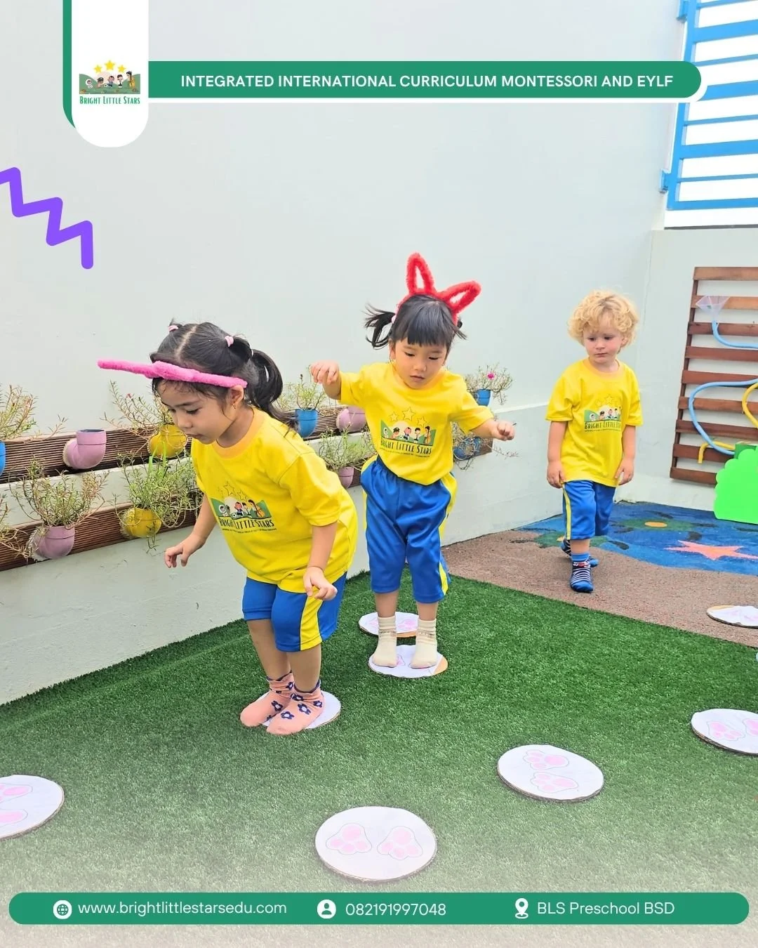 strengthening balance through bunny hopping at bright little stars preschool BSD