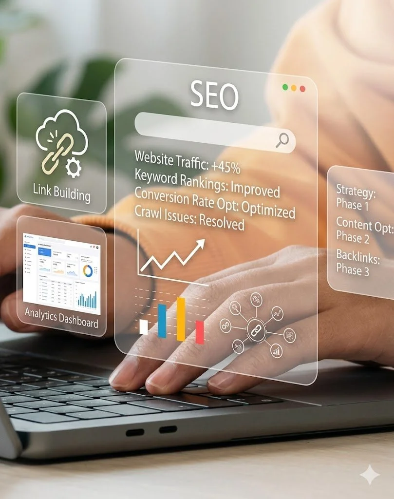อินเทอร์เฟซดิจิทัลโปร่งใสที่แสดงการวิเคราะห์ SEO การสร้างลิงก์ แดชบอร์ดการวิเคราะห์ ระยะของกลยุทธ์ และการแสดงข้อมูลต่างๆ บนมือของบุคคลที่กำลังพิมพ์บนแป้นพิมพ์แล็ปท็อป