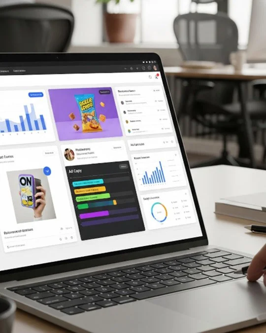 Laptop on a desk displaying analytics and social media dashboard.