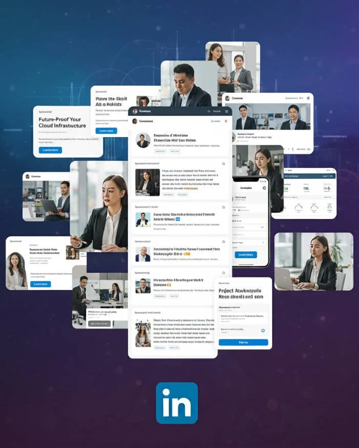 Digital collage of LinkedIn social media profiles and posts, featuring professionals in office settings, with the LinkedIn logo at the bottom.