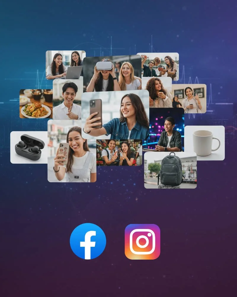A collage of people using smartphones, virtual reality headset, headphones, and taking photos. Also includes images of food, a mug, backpack, and wireless earbuds. Facebook and Instagram icons at the bottom.