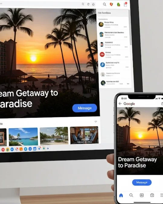 Computer and smartphone screens showing a tropical beach sunset with palm trees and the text 'Dream Getaway to Paradise'.
