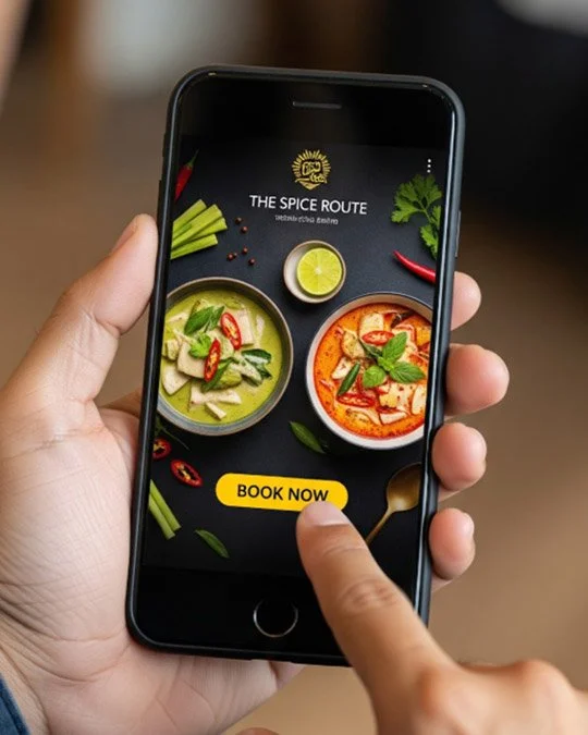 Mobile phone screen displaying a promotional image for The Spice Route restaurant with dishes of colorful curry, lime, and herbs, and a yellow book now button.