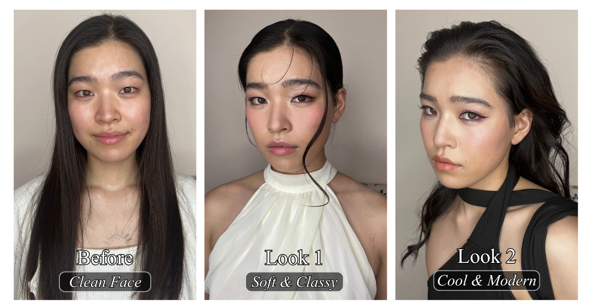 Three-panel event makeup transformation showing a clean face before makeup, a soft and classy look, and a cool modern makeup look, demonstrating different professional makeup styles for events and occasions.