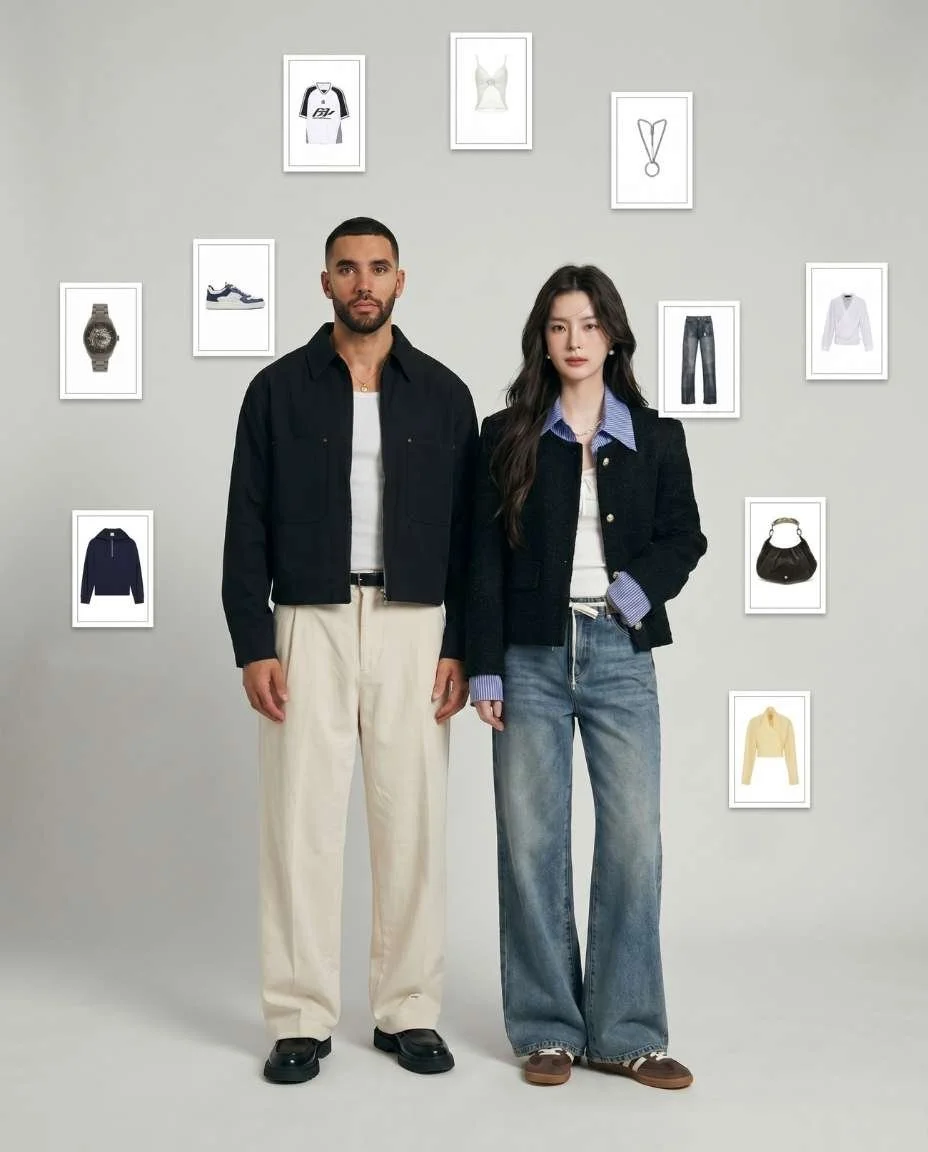 Models styled in coordinated outfits showcasing personal styling services, outfit curation, and image consulting by a Sydney-based stylist