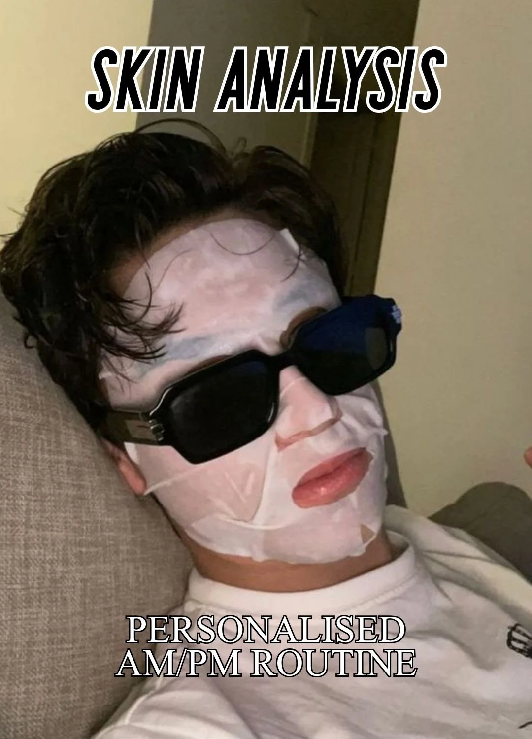 Man wearing a sheet mask and sunglasses, representing personalised skin analysis and an AM and PM skincare routine for men