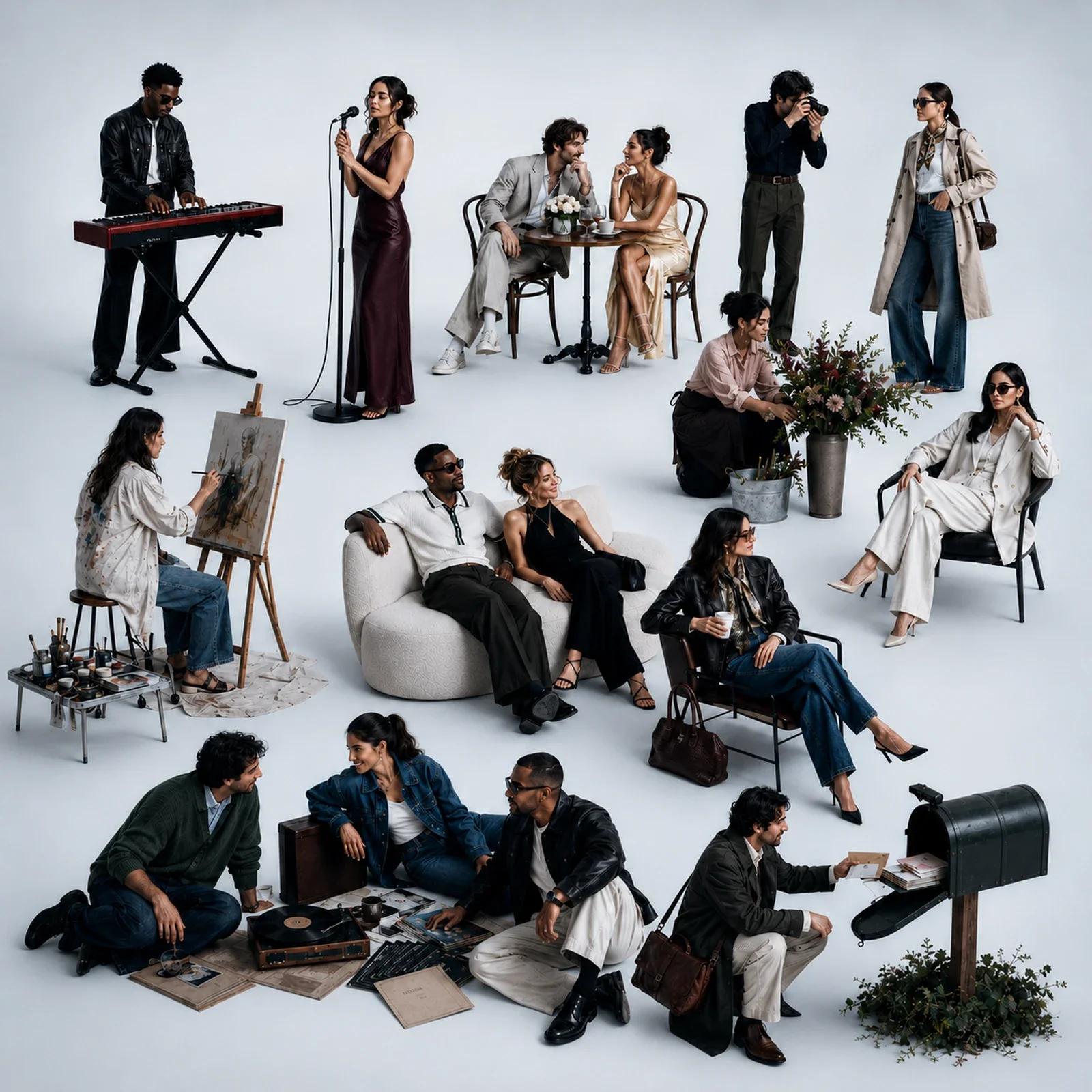 Editorial group image showing creatives, founders, performers, entrepreneurs, and professionals in different work scenarios, representing MMNine Lab’s personal branding services for people building a stronger visual identity.