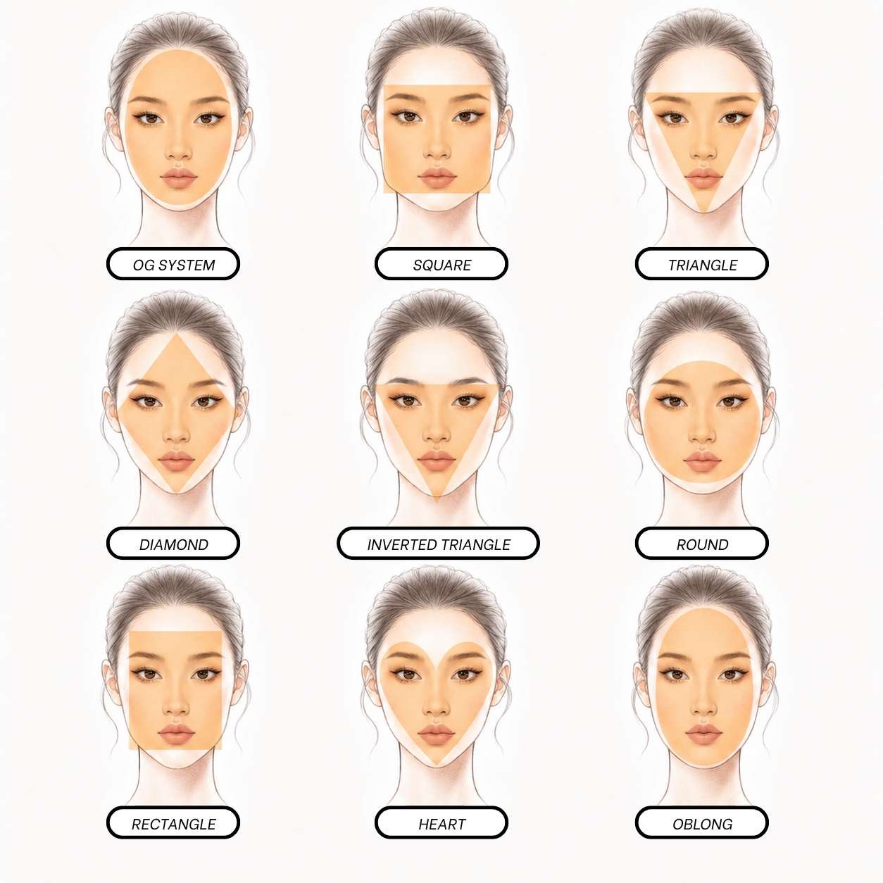 A diagram that showcase 9 most common women faceshapes to understand what hairstyles will fit you