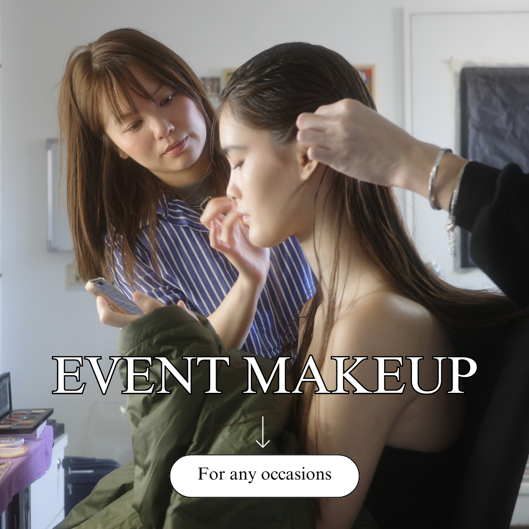 Makeup artist applying makeup to model backstage, illustrating beauty prep for weddings, red carpet events, and personal appointments.