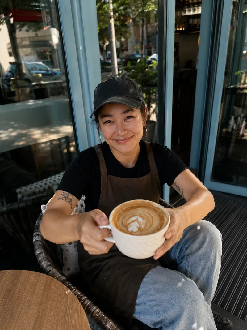 Lifestyle portrait of a barista holding a coffee, representing approachable personal branding photography for creatives, entrepreneurs, and service-based business owners.