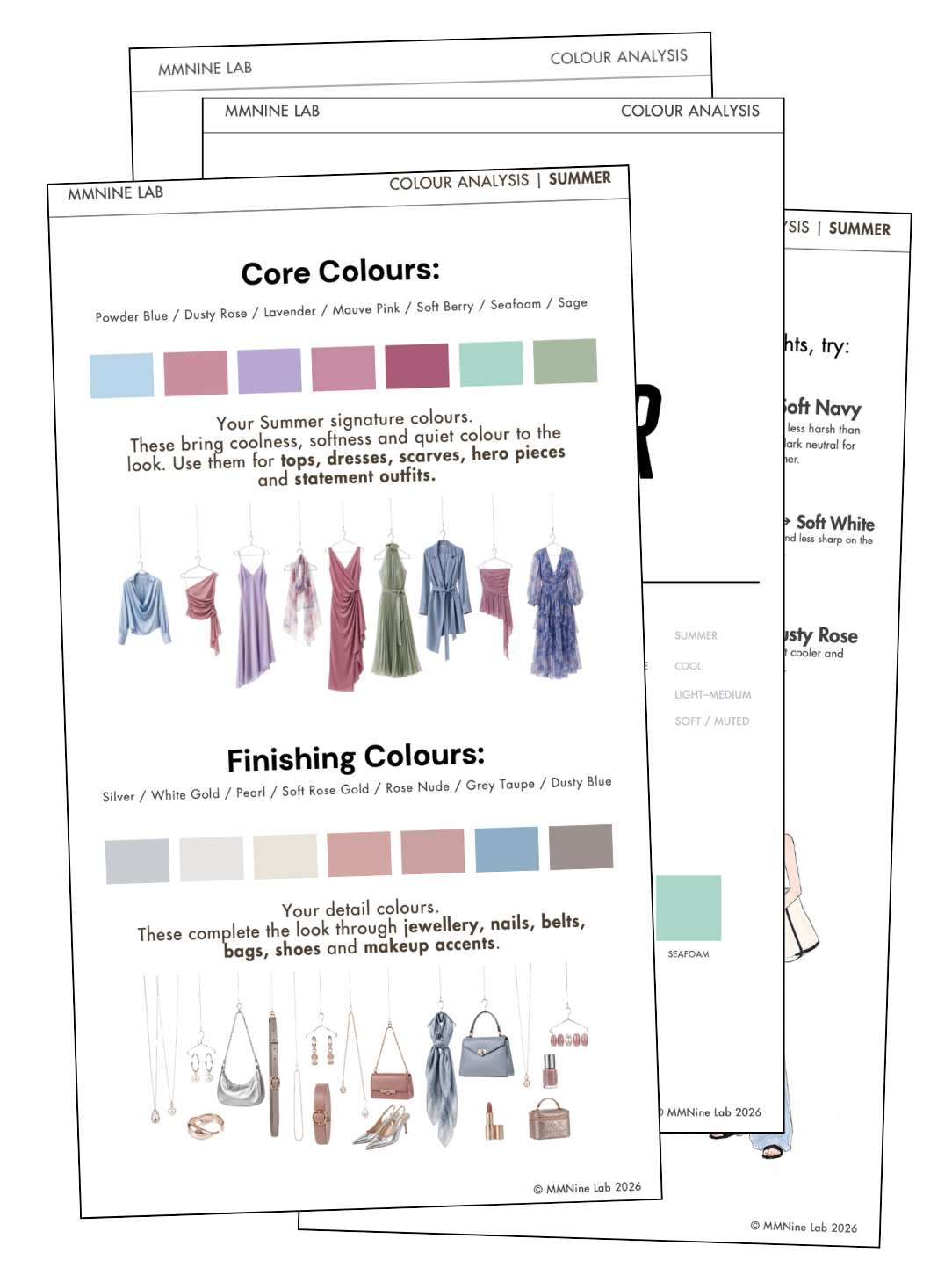 Preview pages from the MMNine Lab Summer Colour Analysis Guide showing soft, cool wardrobe colours, finishing shades, accessories and styling recommendations.