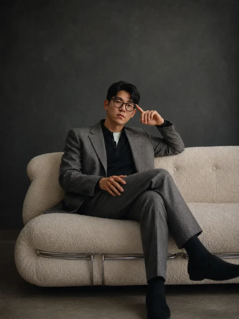 Editorial-style portrait of a professionally dressed man seated on a sofa, representing personal branding photoshoot direction for founders, creatives, and professionals.