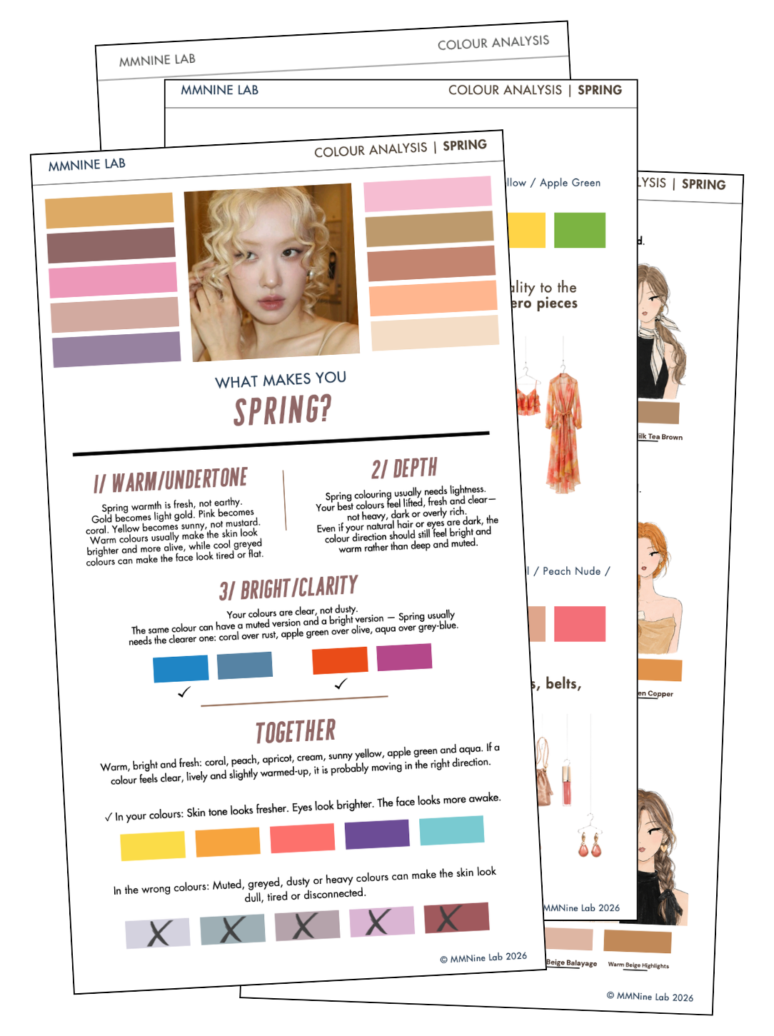 Preview pages from the MMNine Lab Spring Colour Analysis Guide showing warm, bright colour swatches, styling guidance, hair colours and wardrobe recommendations.