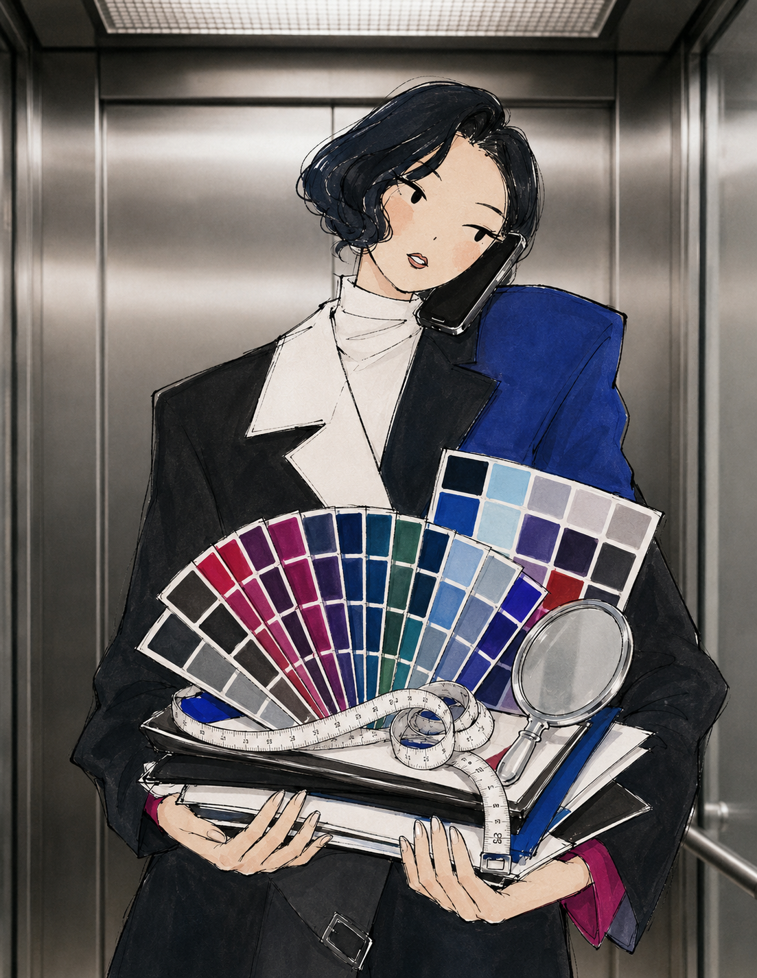 Fashion illustration of a woman holding Winter seasonal colour swatches, fabric samples, a measuring tape and mirror in a cool, clear and high-contrast palette.