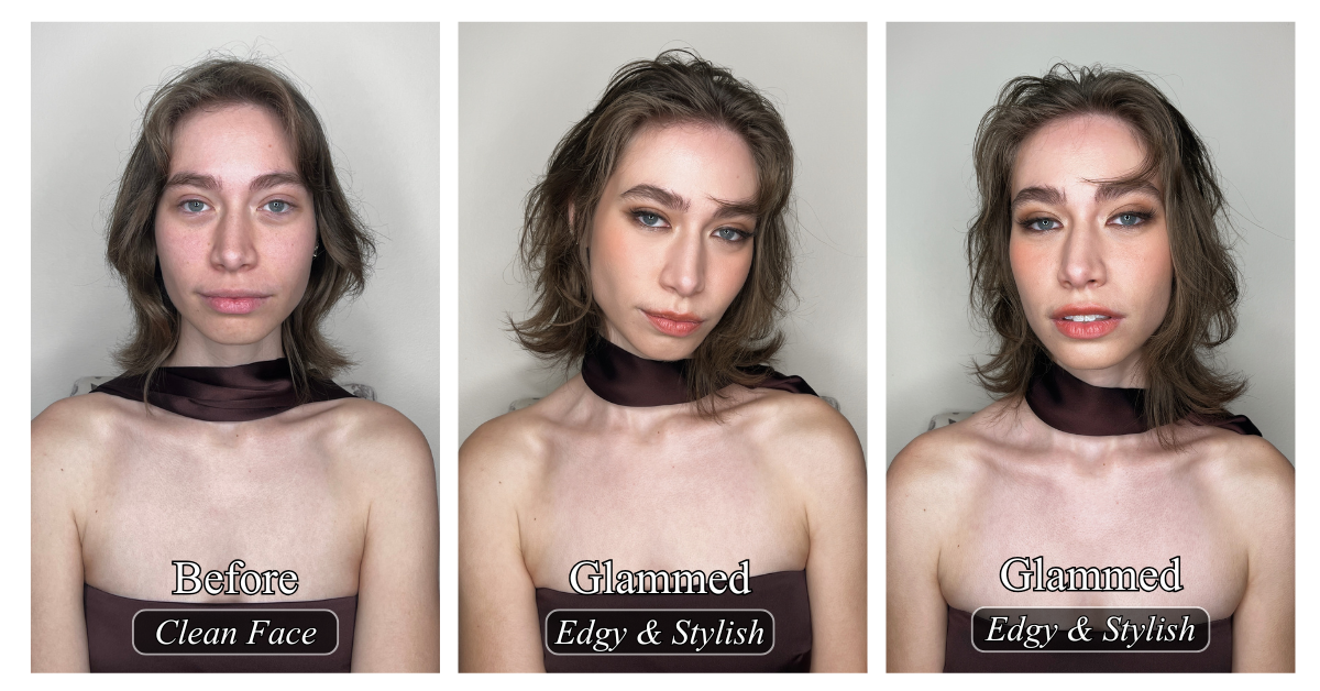 Three-panel event makeup transformation featuring a clean face before makeup and two glammed, edgy, and stylish makeup looks, showcasing professional event and occasion makeup results.