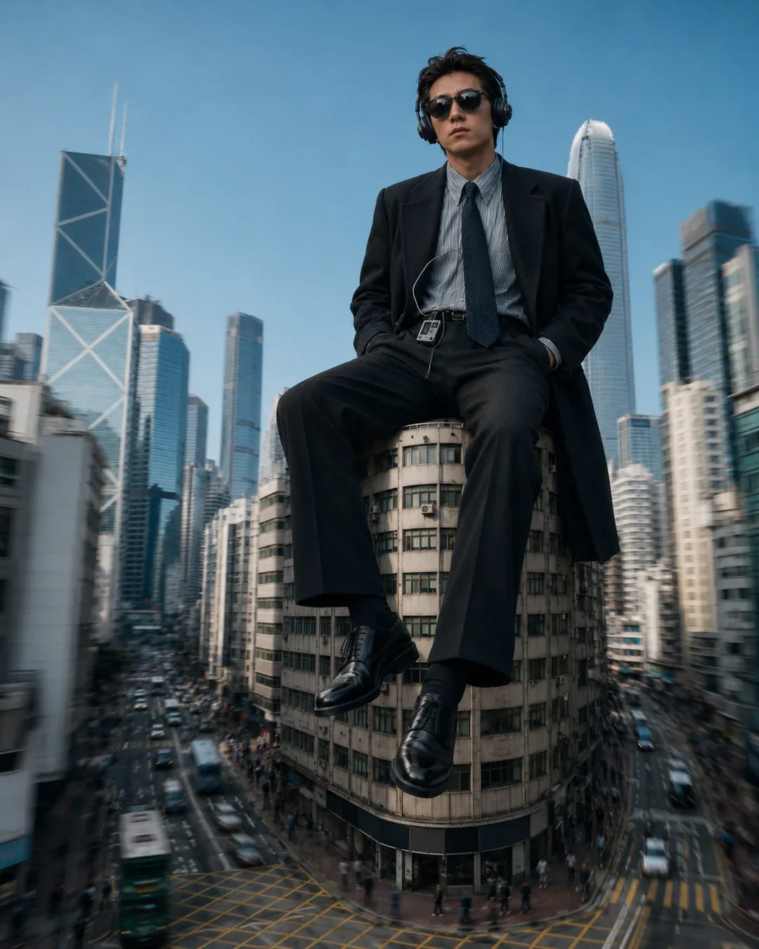 Editorial image of a suited man above the Hong Kong cityscape, representing bold personal branding, visual identity direction, and image consulting for founders, creatives, and public figures.