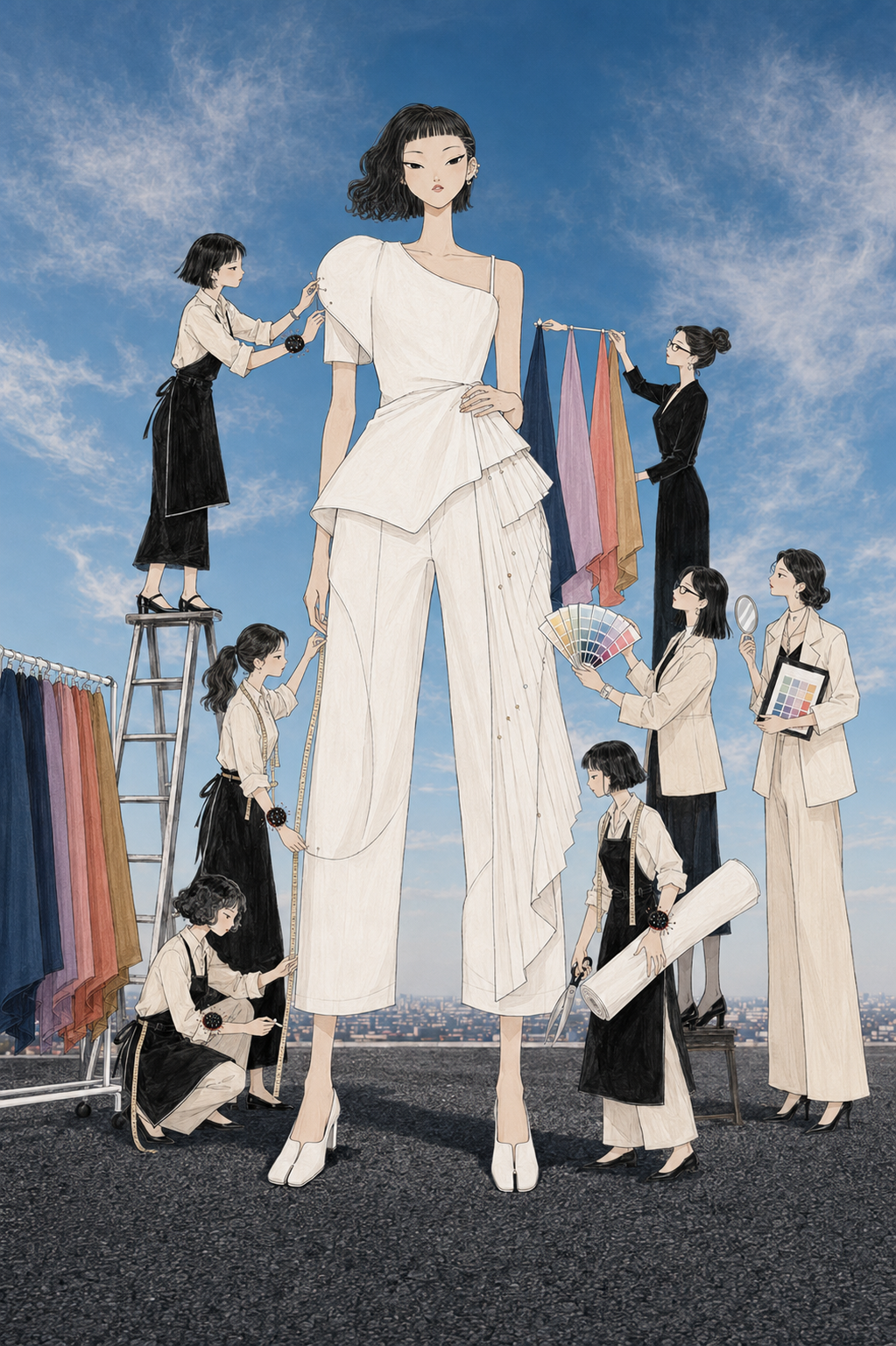 Fashion illustration of colour analysts comparing seasonal fabrics and palettes for Spring, Summer, Autumn and Winter colour analysis.