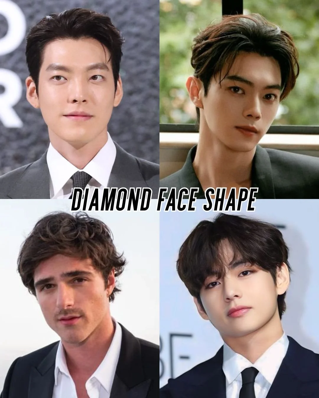 Featuring Kim Woo-bin, Xu Kai, Jacob Elordi, and V (BTS), this collage shows male celebrities with diamond-shaped faces. Their narrow foreheads and strong cheekbones are balanced with haircuts like side parts, volume-heavy styles, and layered looks.