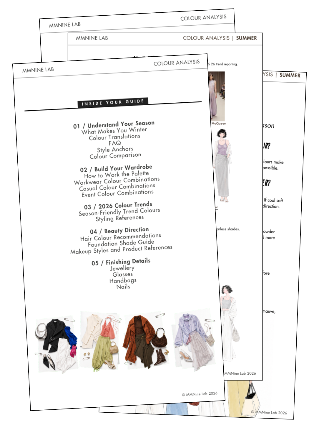 Preview of MMNine Lab seasonal colour analysis guide pages covering colour palettes, styling, beauty and accessories