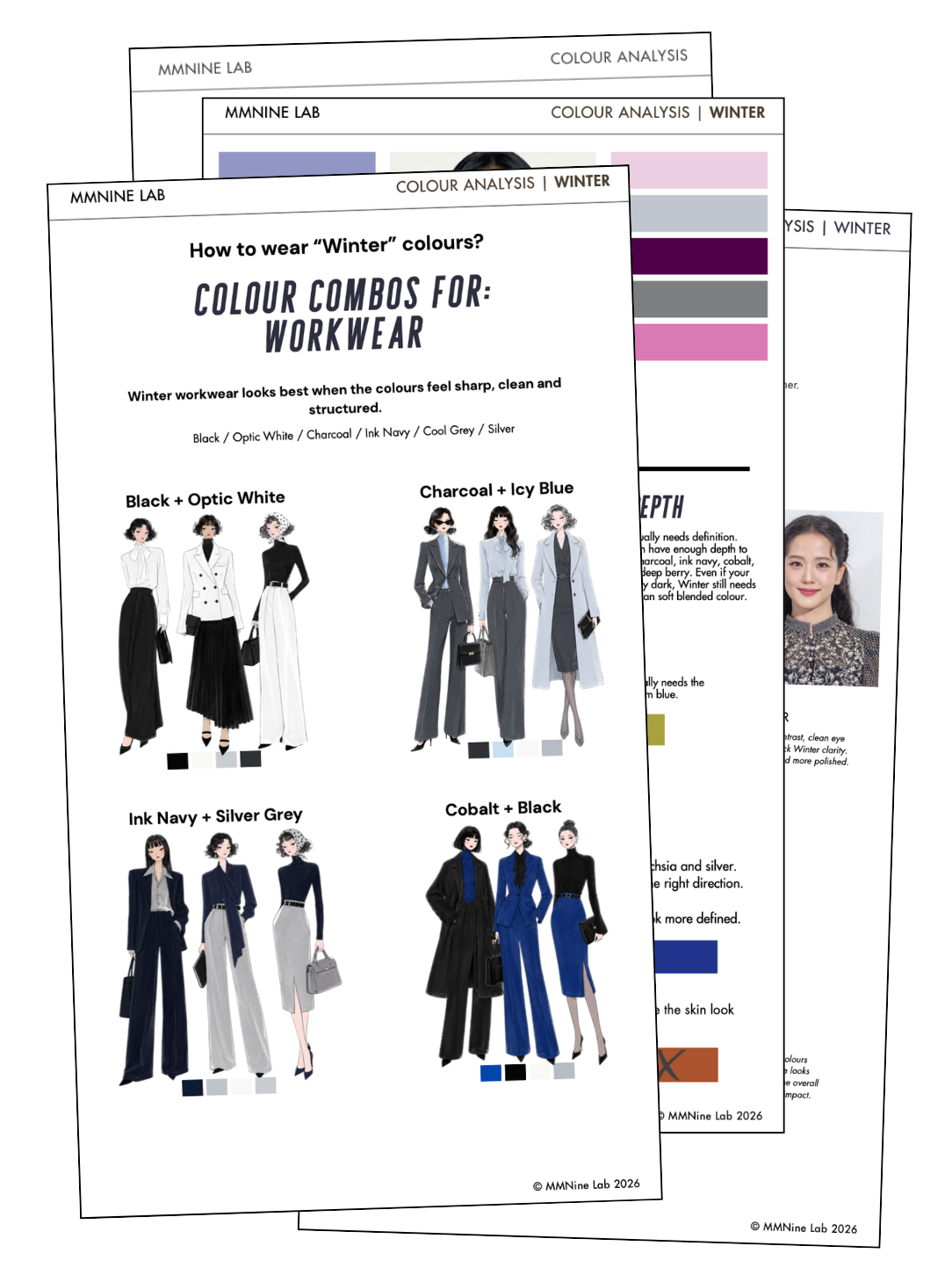 Preview pages from the MMNine Lab Winter Colour Analysis Guide showing workwear combinations in black, optic white, charcoal, icy blue, navy and cobalt.