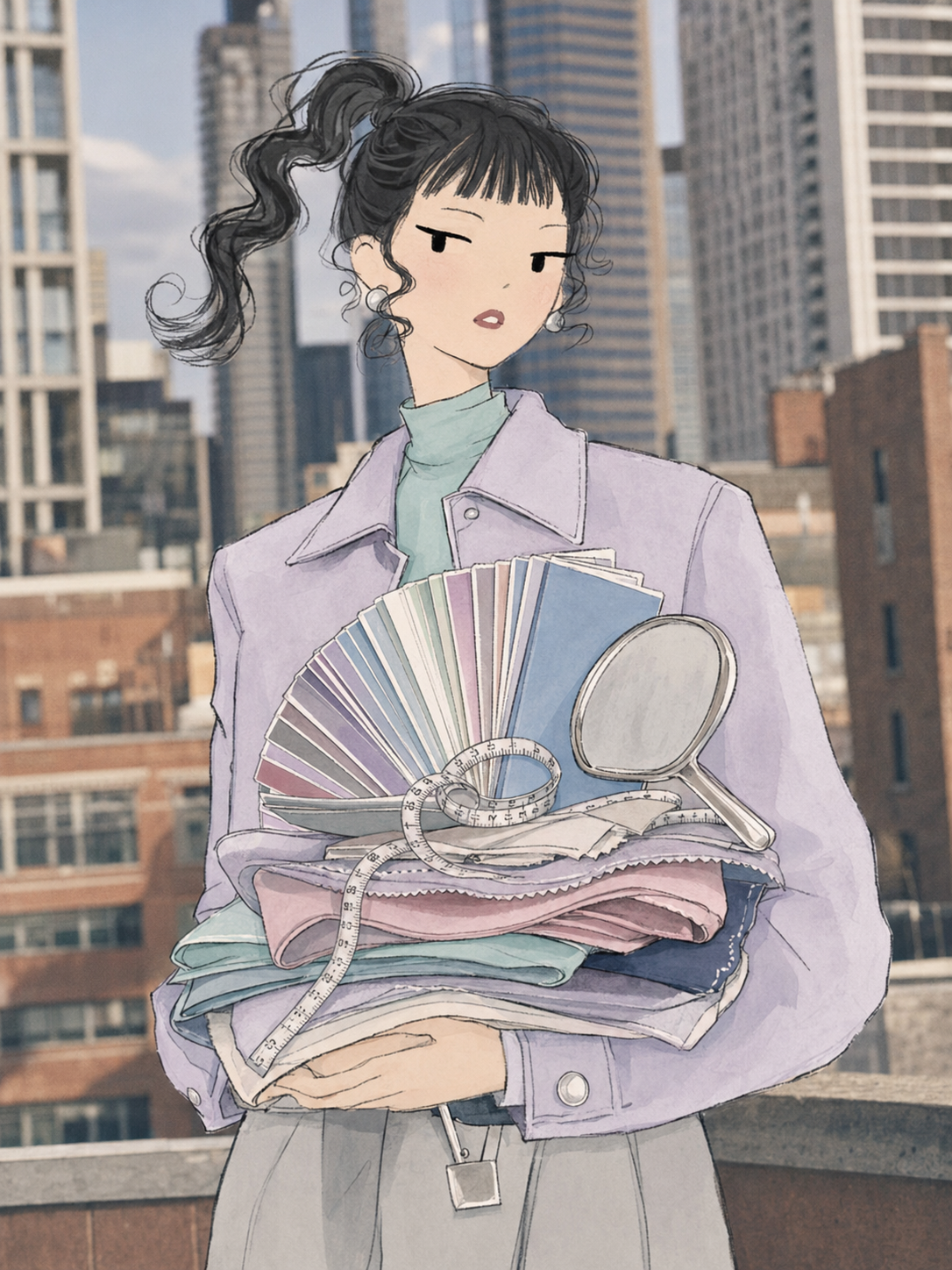 Fashion illustration of a woman holding Summer seasonal colour swatches, fabric samples, a measuring tape and mirror in a cool, soft and muted palette.